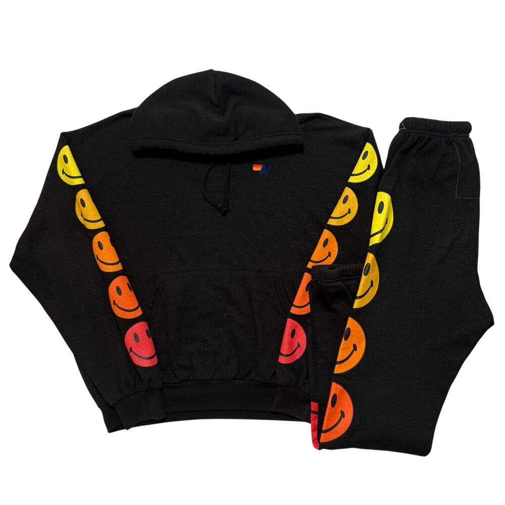Aviator Nation Black Smiley Faces Hoodie & Sweatpants Set Women’s S & XS